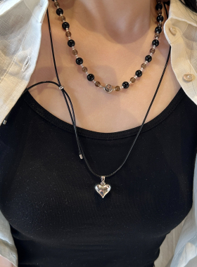 十里间【:)】简约气质黑白串珠笑脸项链爱心抽绳毛衣链