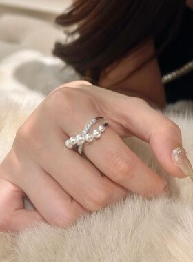 十里间【流线珍珠】法式珍珠锆石交叉戒指女小众高级感戒指中戒
