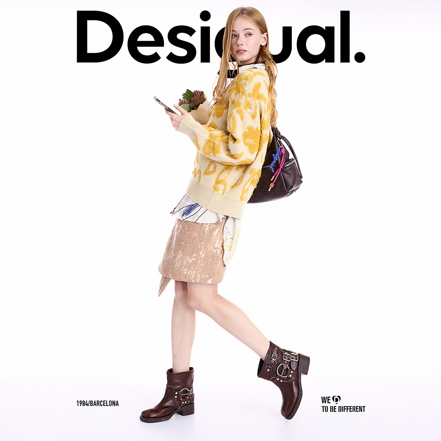 Desigual25 autumn and winter new turmeric flower three-dimensional jacquard women's sweater