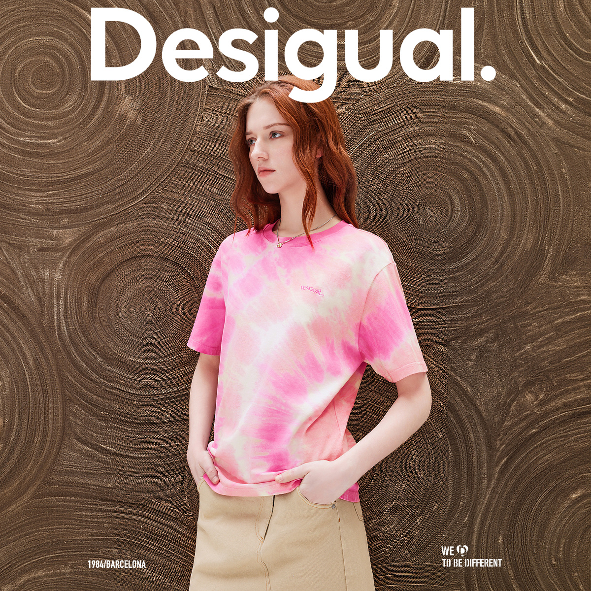 Desigual24春夏新款宽松粉色光晕扎染刺绣圆领女式T恤短袖上衣 - 图0