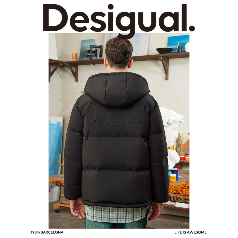 Desigual【西班牙时尚品牌】宽松立体印花刺绣绗缝连帽男式羽绒服-图2