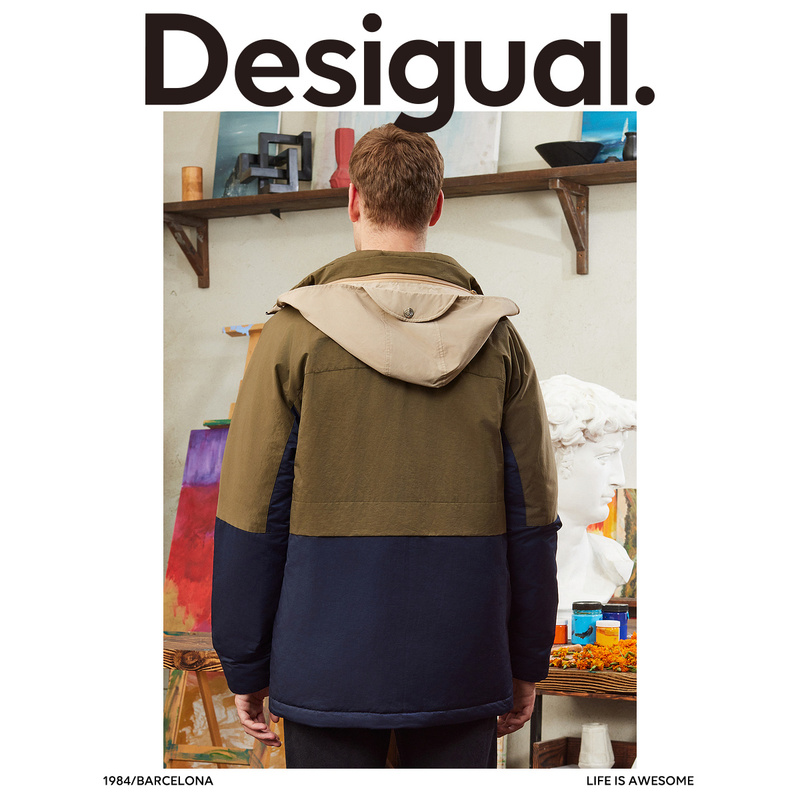 Desigual【西班牙时尚品牌】不对称解构撞色拼接印花男式羽绒服-图1