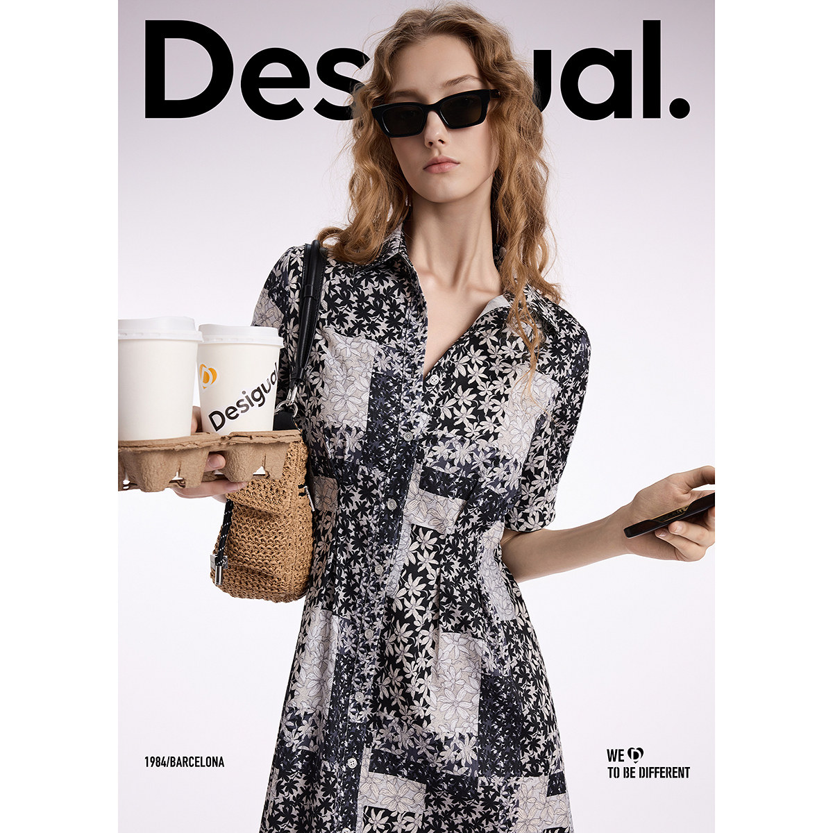 Desigual印花收腰翻领短袖衬衫连衣裙