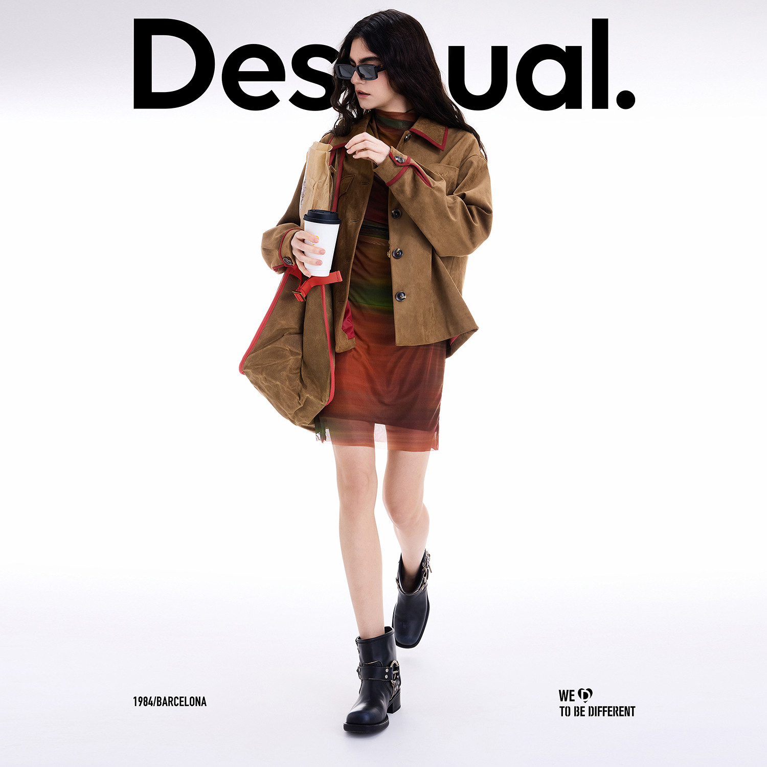 Desigual25秋冬新品麂皮感巴恩风红色撞边装饰工装风女士外套