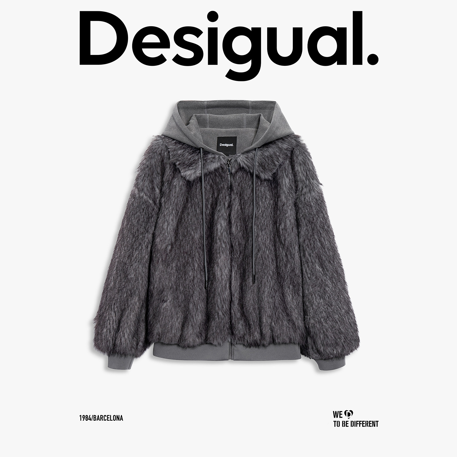 Desigual25秋冬新品仿皮草假两件拼接连帽卫衣灰色女士外套