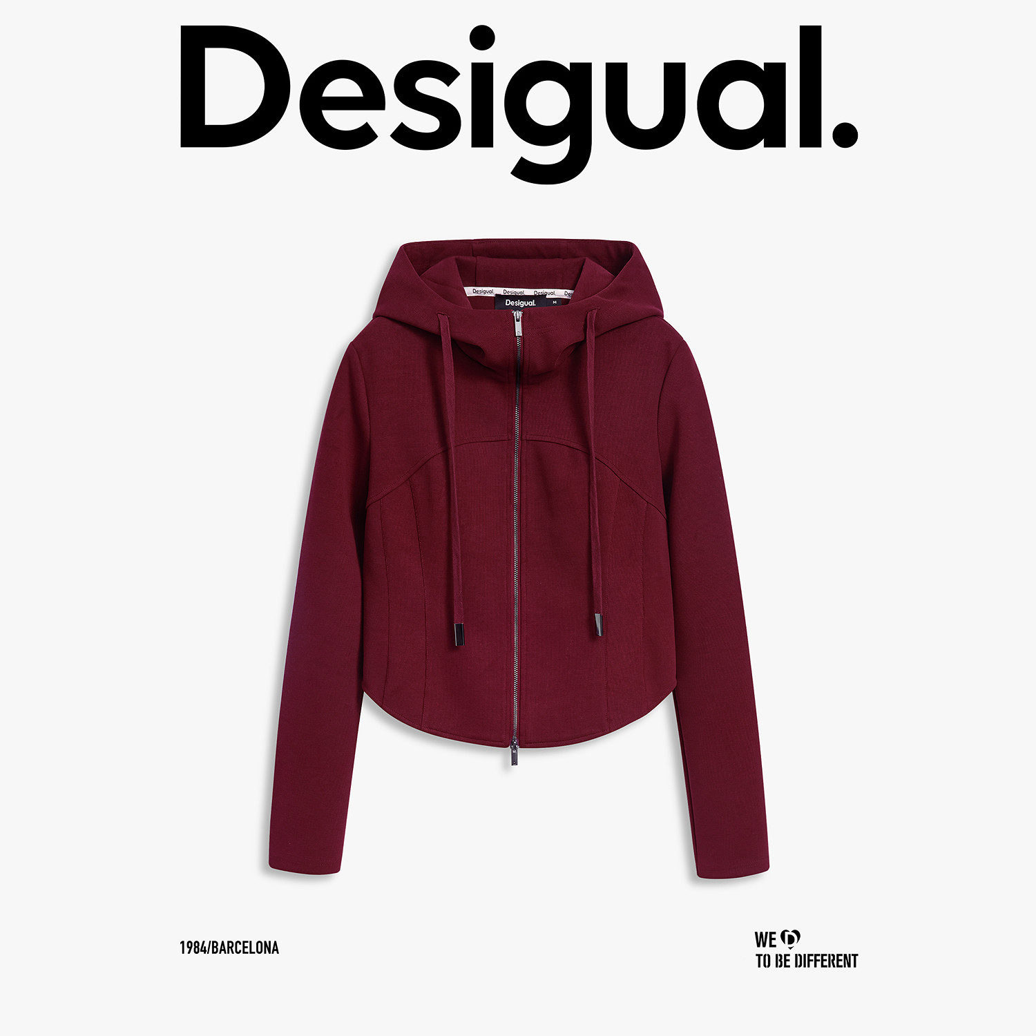 Desigual25秋冬新品修身连帽弧形下摆紫红色女士外套