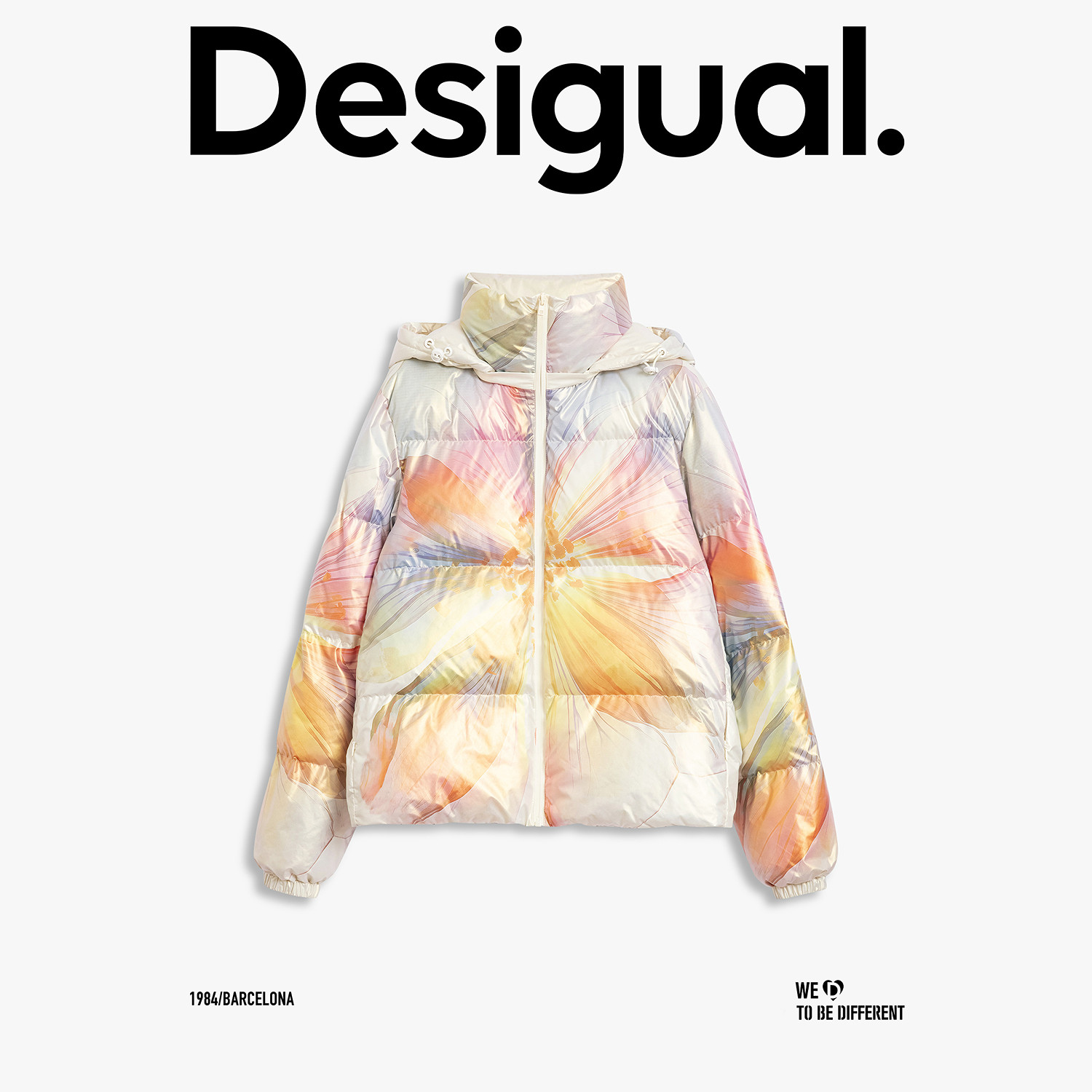Desigual25秋冬新品镭射花卉印花连帽棉服女士外套