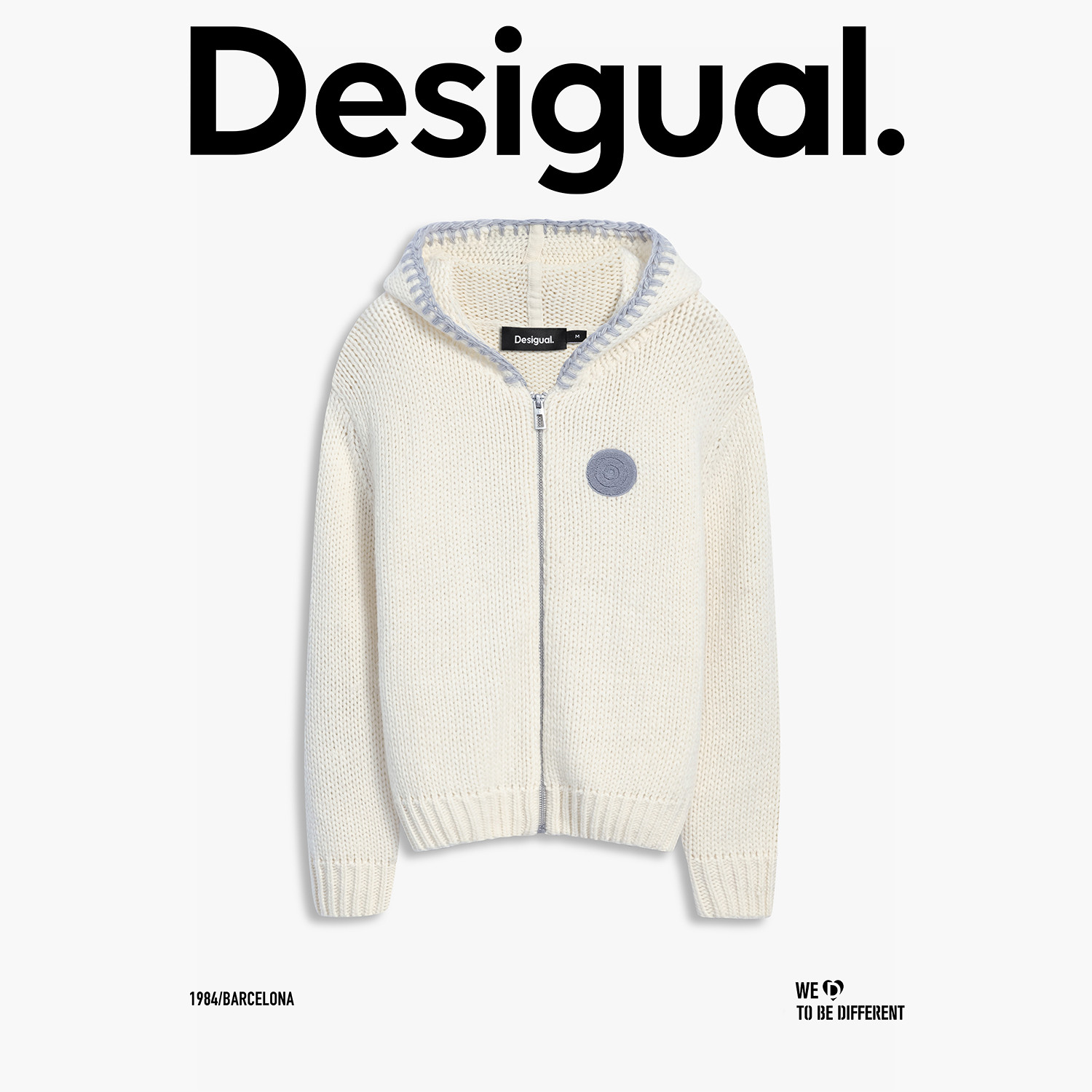 Desigual25秋冬新品羊毛混纺撞色拱针连帽针织拉链开衫女士外套