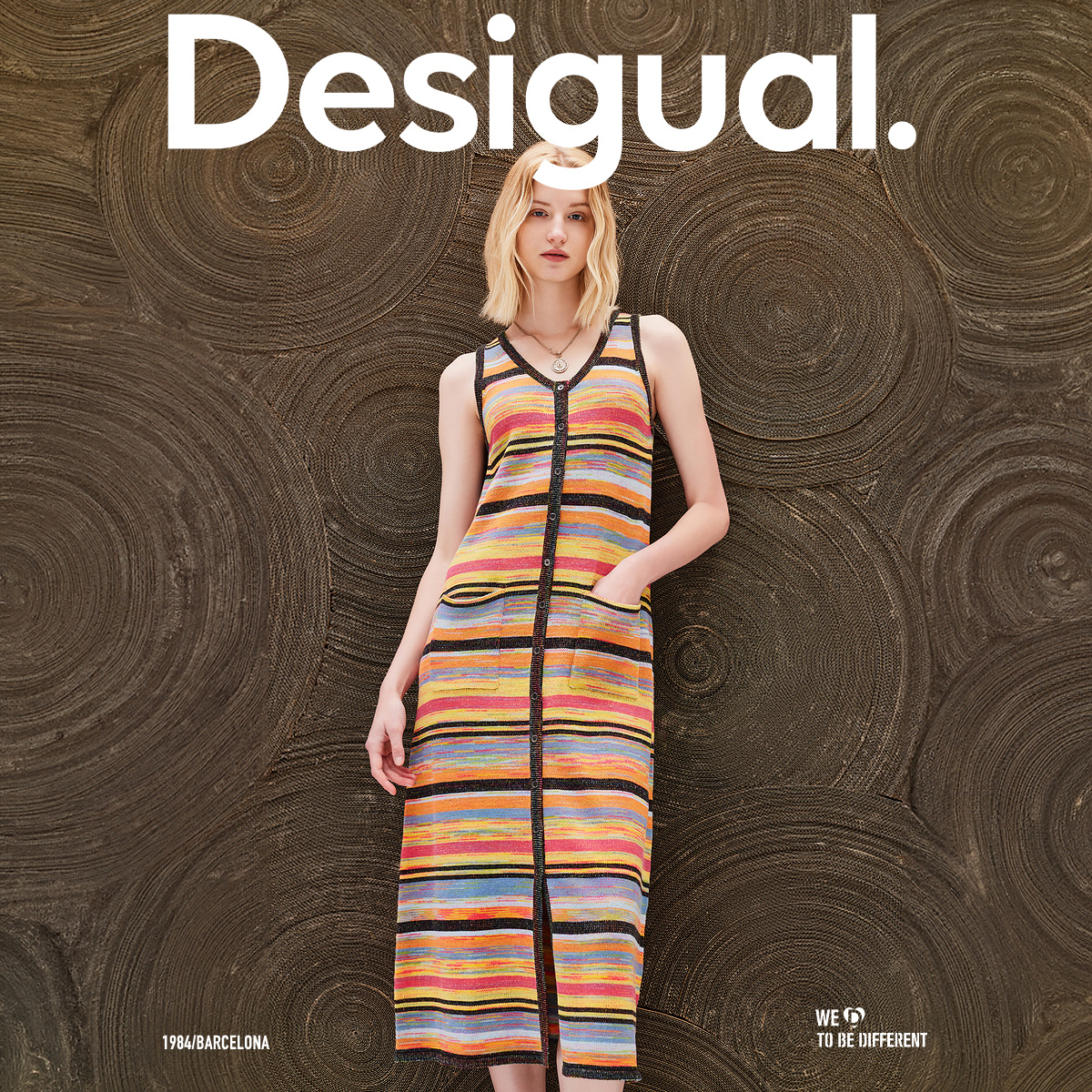 Desigual【博主同款】24春夏新品条纹段染纱V领开襟长款连衣裙