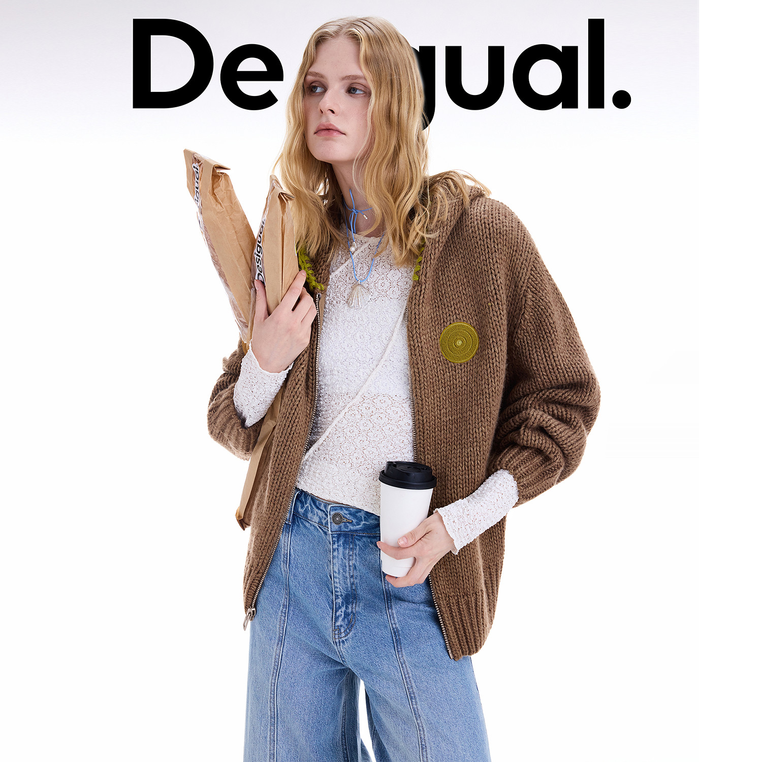 Desigual【博主同款】25秋冬新品羊毛混纺撞色连帽针织女士外套