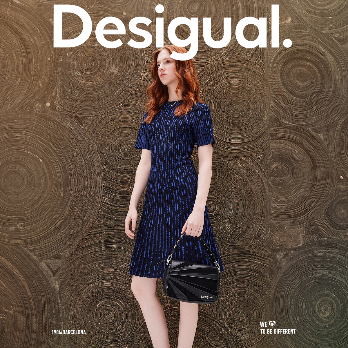 Desigual【西班牙时尚品牌】针织伞摆收腰弹力圆领中长款连衣裙 - 图1