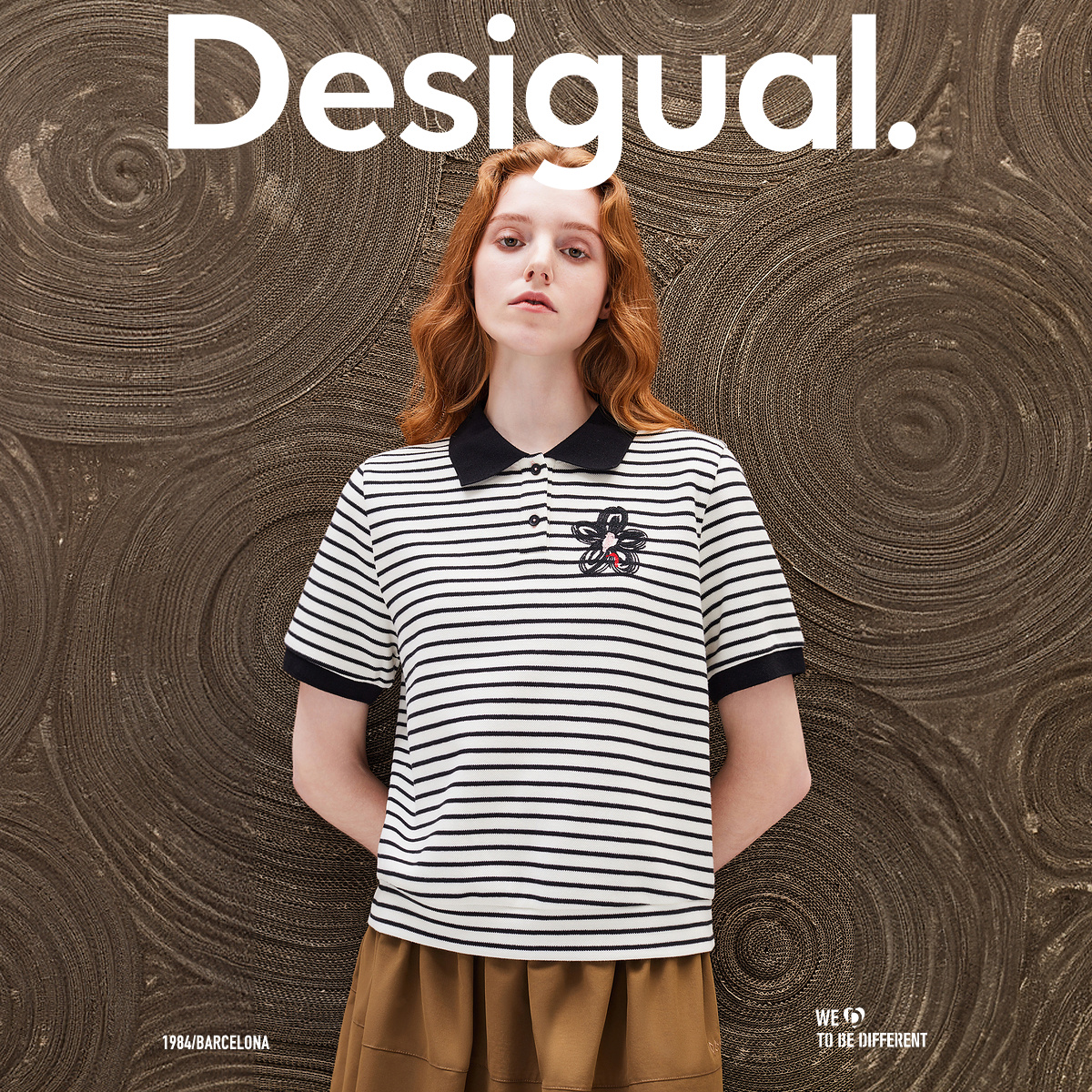 Desigual【西班牙时尚品牌】宽松条纹刺绣翻领短袖女式T恤 - 图1