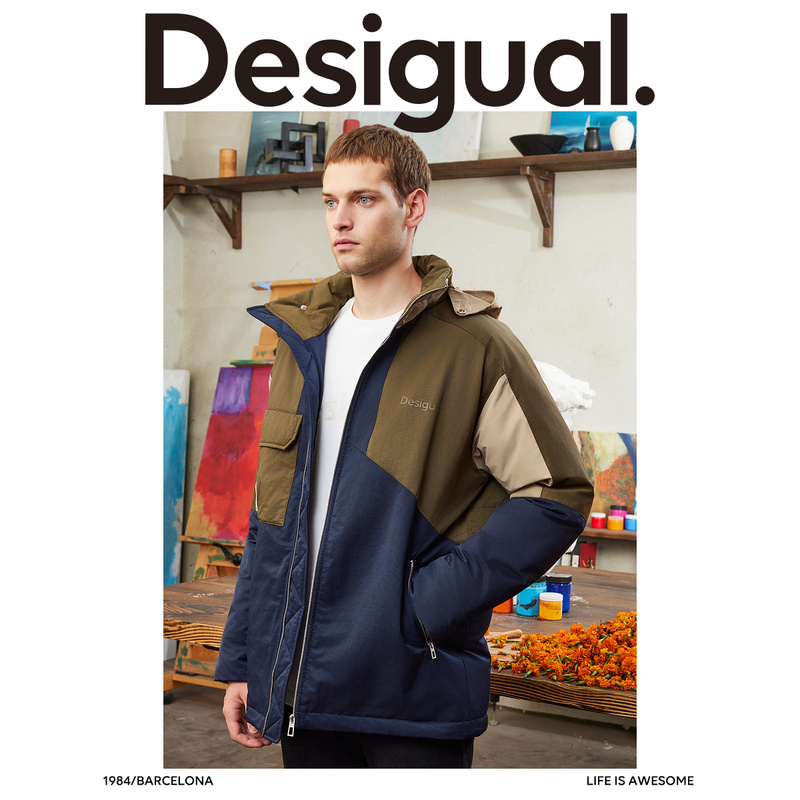 Desigual【西班牙时尚品牌】不对称解构撞色拼接印花男式羽绒服-图0