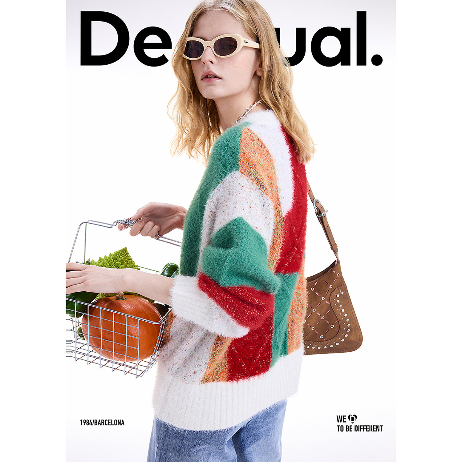 Desigual25秋冬新品多色仿貂彩纱绞花圆领长袖女式针织衫
