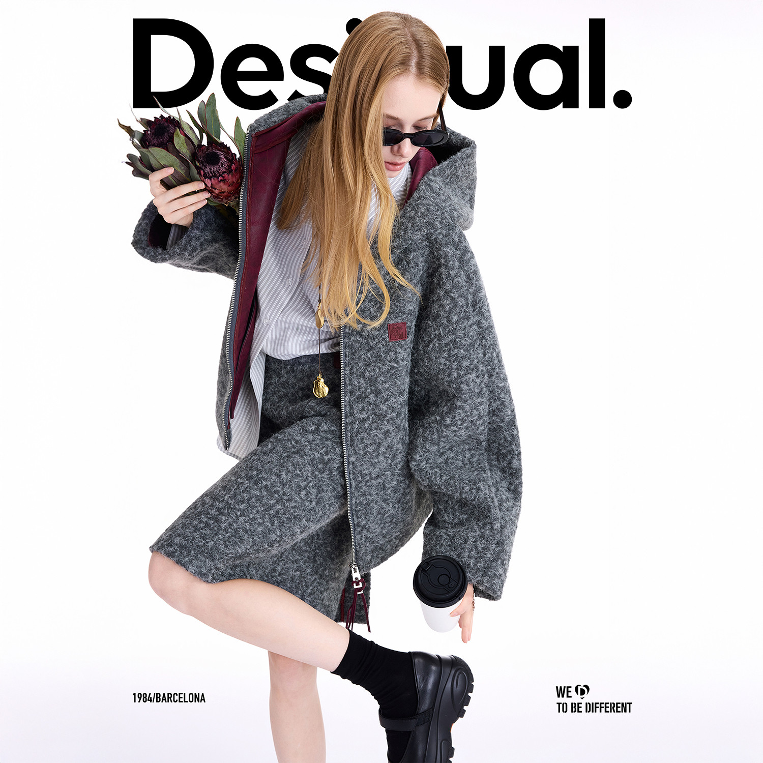 Desigual【博主同款】25秋冬新品廓形撞色连帽灰色圈圈毛女士外套