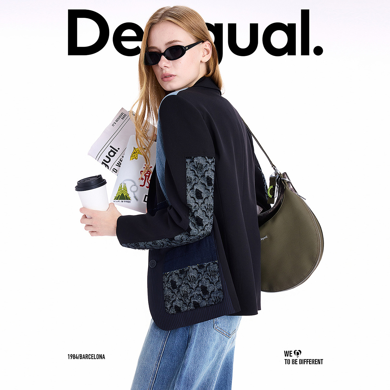 Desigual25秋冬新品牛仔提花拼接翻领西装女士外套