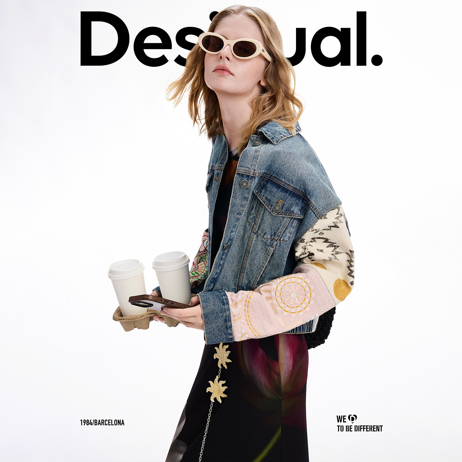 Desigual宽松牛仔撞色刺绣拼接夹克中蓝丹宁女士外套