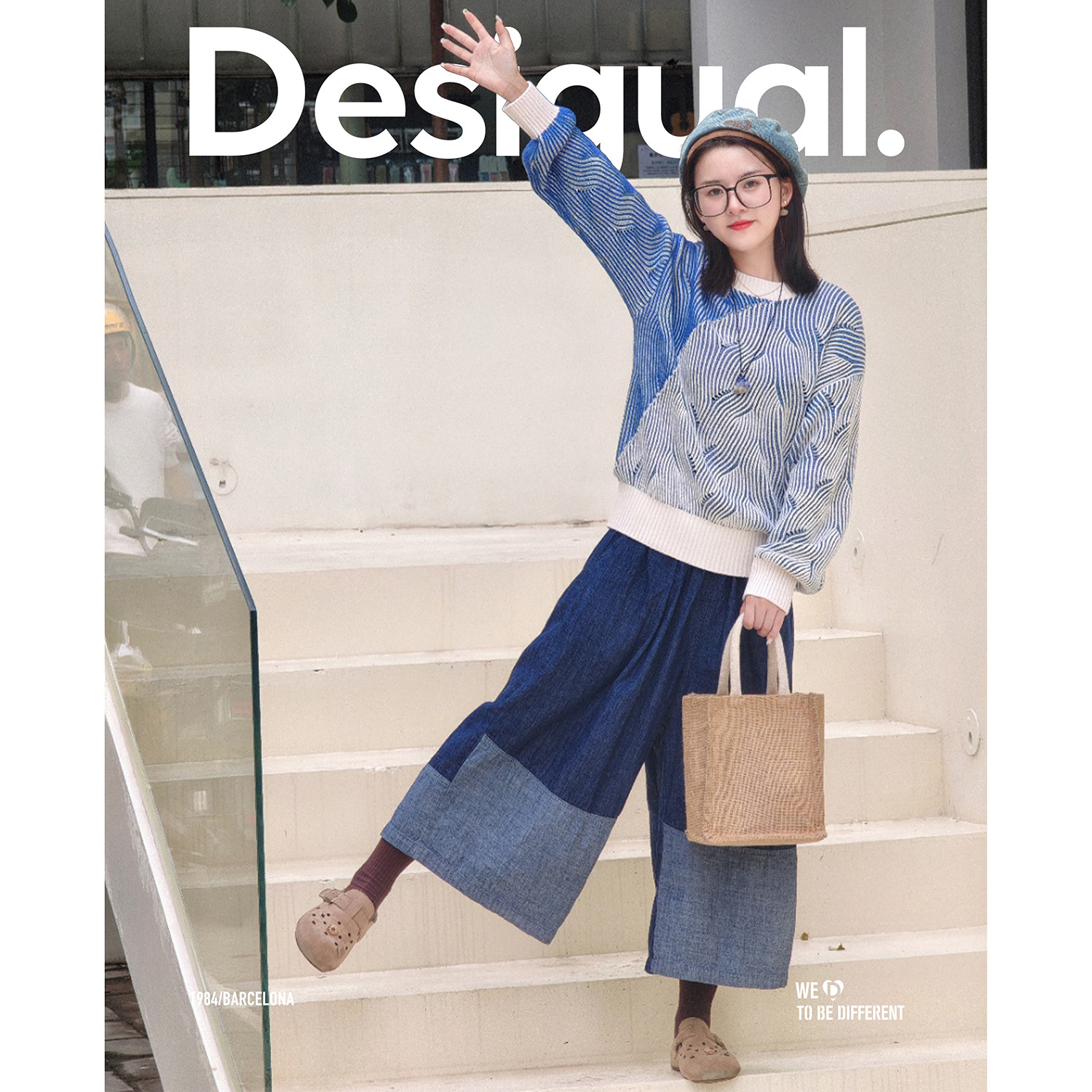 Desigual【博主同款】25秋冬新品双色绞花圆领落肩宽松女式针织衫