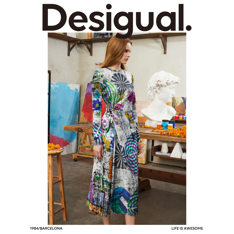 Desigual【西班牙时尚品牌】修身弹力印花收腰长款连衣裙 - 图0