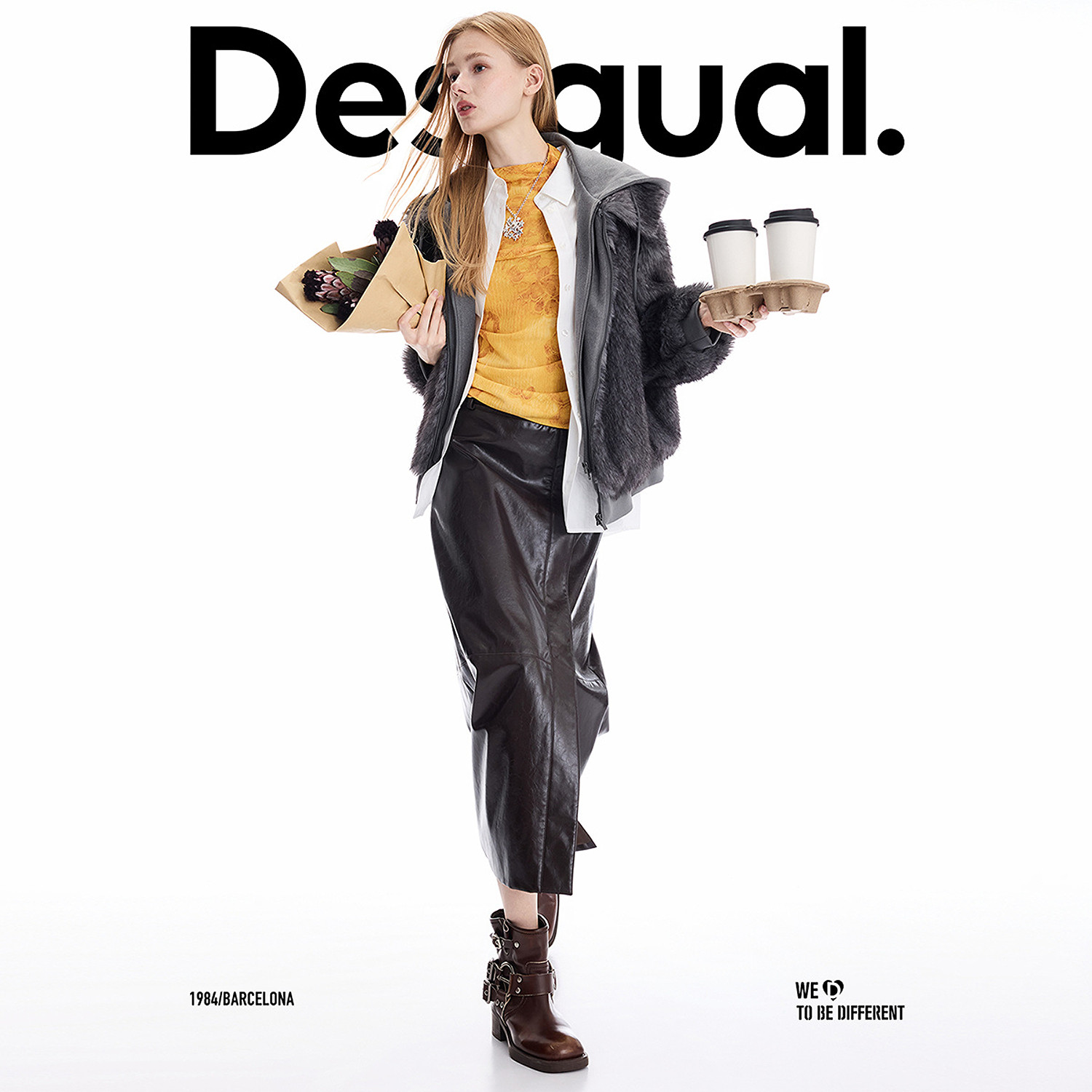 Desigual25秋冬新品仿皮草假两件拼接连帽卫衣灰色女士外套