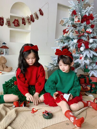 Girls tutu skirt suit burgundy star bunny skirt knitted sweater red Christmas and New Year clothes puffy princess skirt