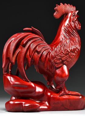 红色木质大公鸡摆件实木十二生肖鸡吉祥物木制家居装饰红木工艺品