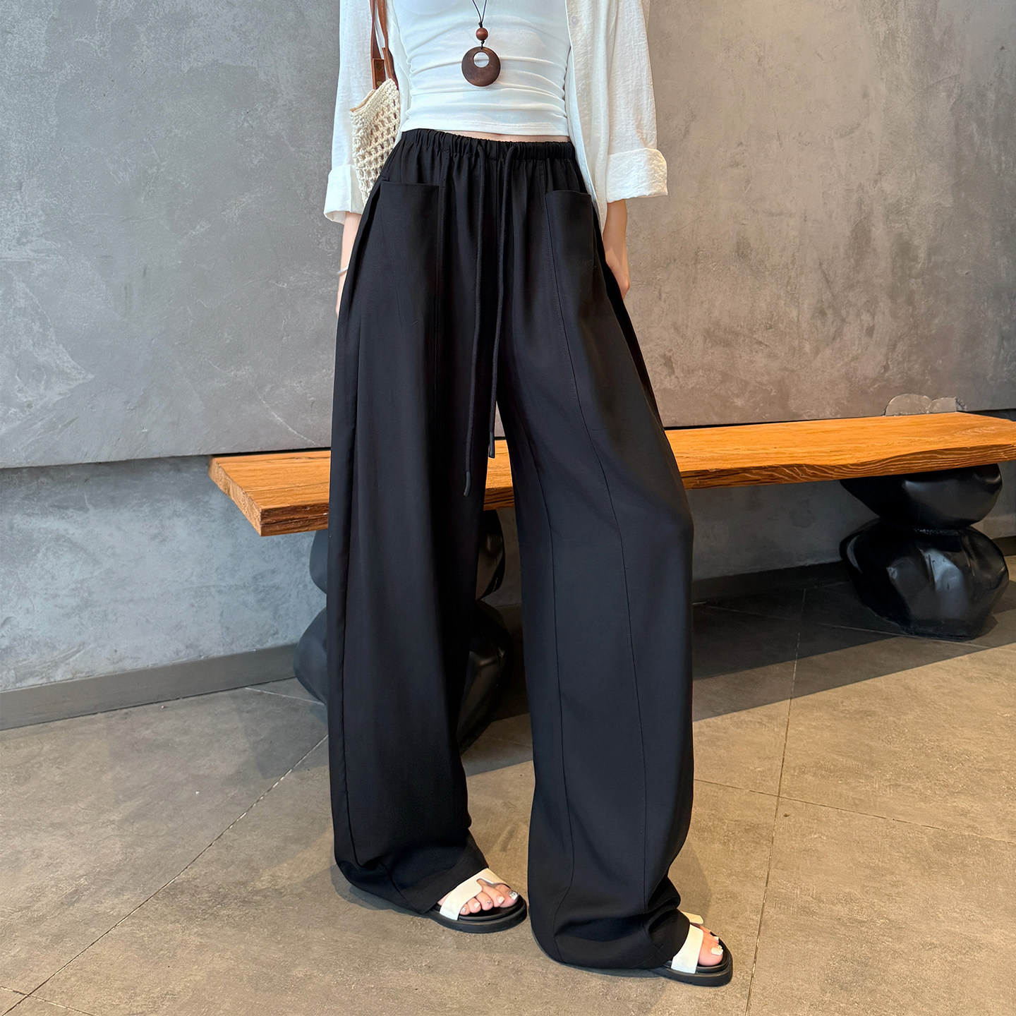 白色弯刀裤女夏凉感薄款天丝亚麻阔腿裤小个子慵懒老钱风棉麻裤子,淘宝优惠券,粉丝福利购,淘宝优惠卷