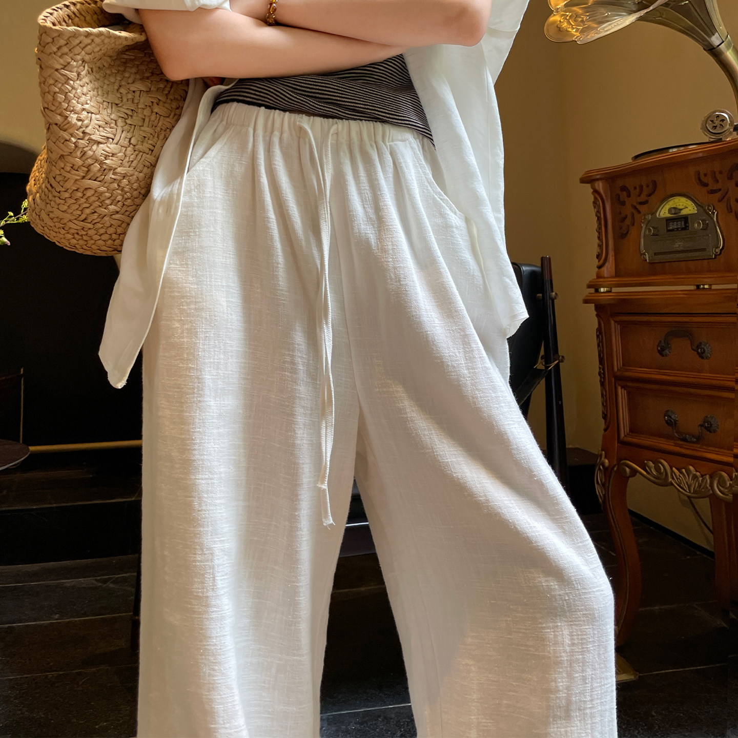 白色苎麻裤女夏季薄款阔腿裤松紧腰抽绳休闲棉麻老钱风水洗亚麻裤,淘宝优惠券,粉丝福利购,淘宝优惠卷