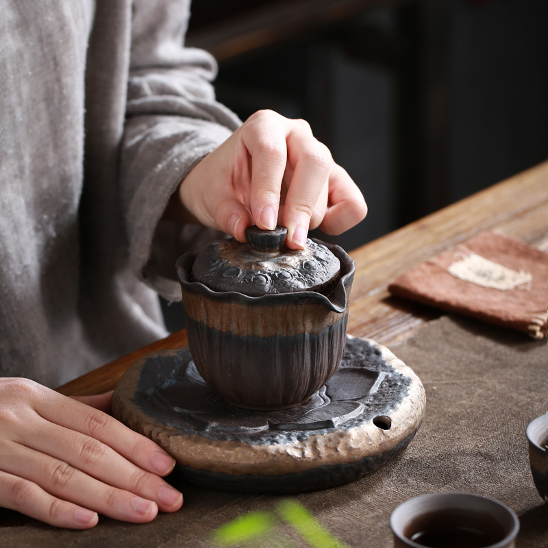 蕴华堂 老岩泥壶承 鎏金铁釉茶承功夫茶具小型茶托盘粗陶瓷干泡台