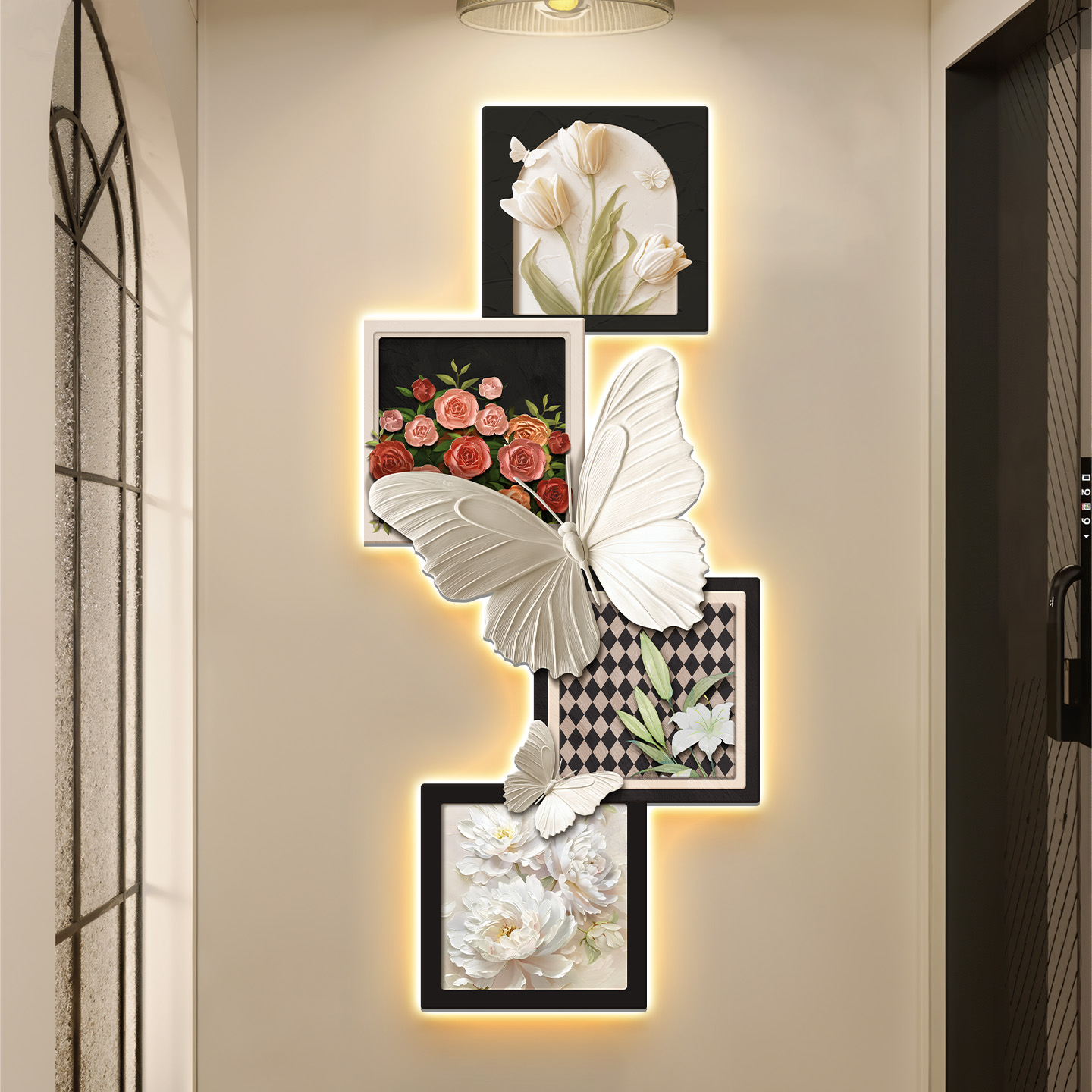 法式中古风入户玄关装饰画蝴蝶花卉挂画客厅壁灯走廊正对门壁画 - 图0