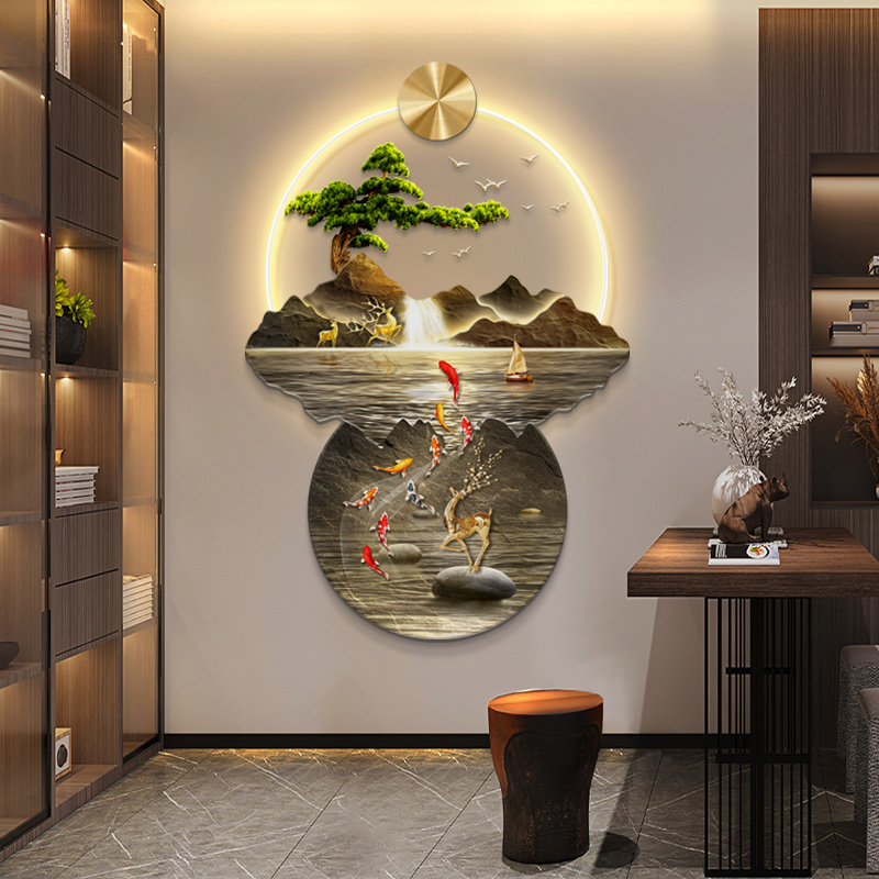 带灯玄关装饰画流水生财高端入户正对门走廊尽头过道挂画山水画