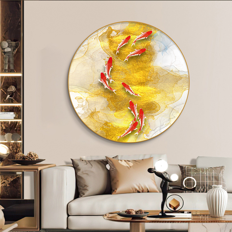 聚财九鱼图圆形玄关装饰画轻奢高级感入户门正对墙挂画餐厅壁画