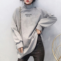 Pregnant woman 2021 autumn winter clothing pure cotton sweater semi-high collar medium length plus suede thickened Korean version loose blouse fashion style