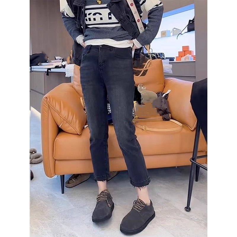 大码复古直筒牛仔裤女秋冬新款高腰胖mm弹力修身毛边九分烟管裤子,淘宝优惠券,粉丝福利购,淘宝优惠卷