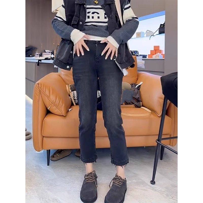 大码复古直筒牛仔裤女秋冬新款高腰胖mm弹力修身毛边九分烟管裤子,淘宝优惠券,粉丝福利购,淘宝优惠卷