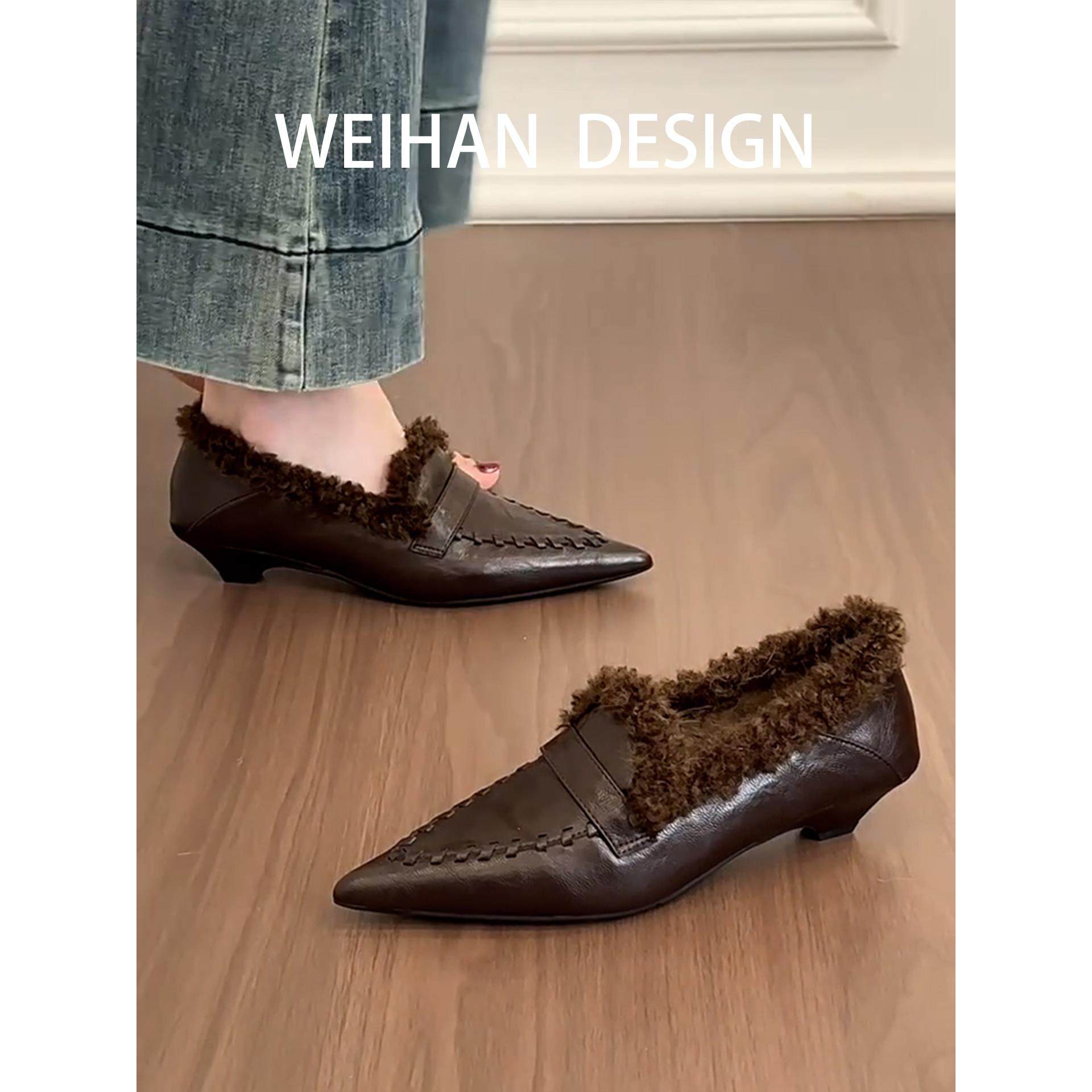 羊皮版！尖头保暖复古深口毛毛鞋女外穿包头低跟单鞋一脚蹬乐福鞋,淘宝优惠券,粉丝福利购,淘宝优惠卷