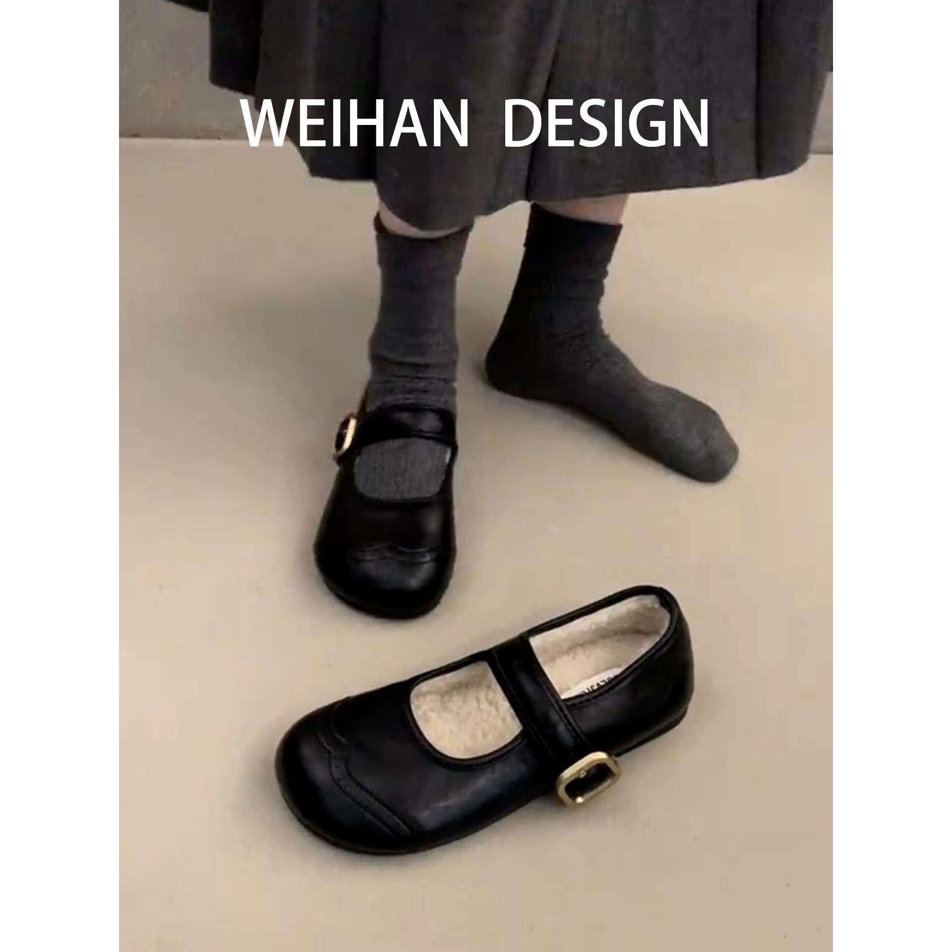 羊皮版~黑色浅口圆头单鞋女秋冬加绒保暖小皮鞋平底复古玛丽珍鞋,淘宝优惠券,粉丝福利购,淘宝优惠卷