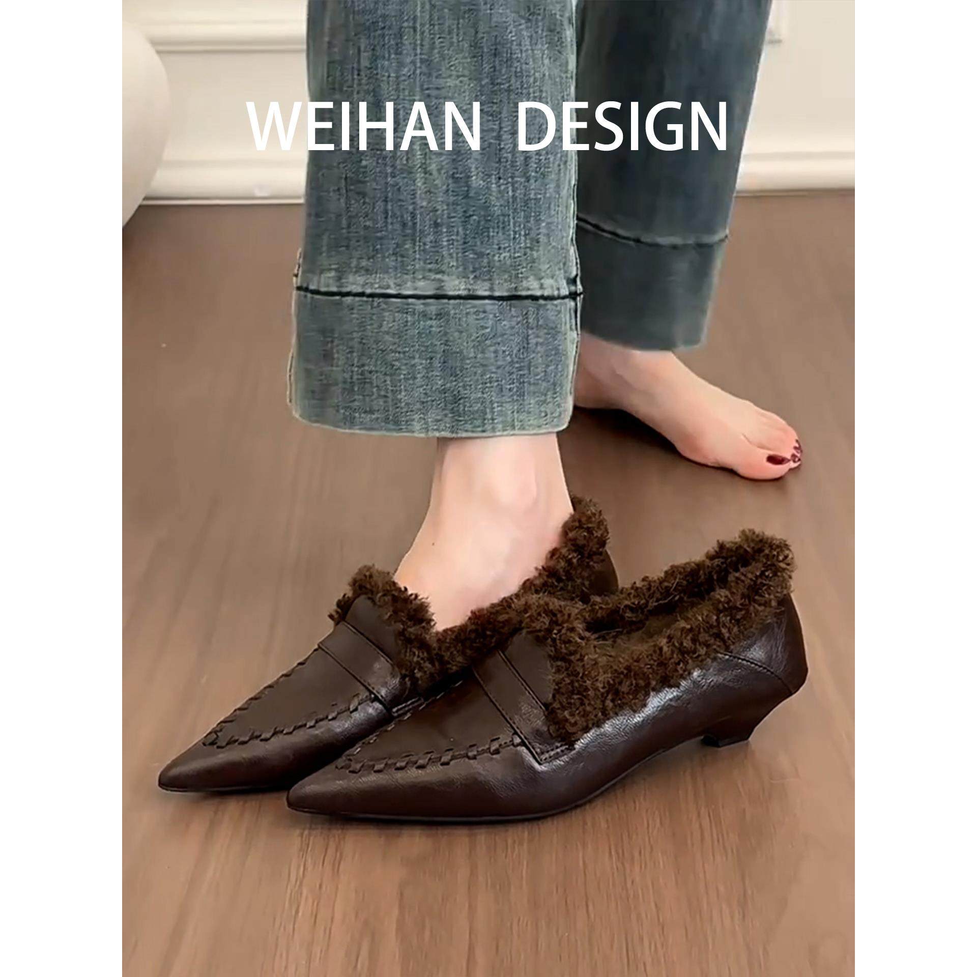 羊皮版！尖头保暖复古深口毛毛鞋女外穿包头低跟单鞋一脚蹬乐福鞋,淘宝优惠券,粉丝福利购,淘宝优惠卷