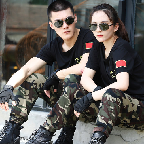 夏季纯棉短袖迷彩服套装男中国T恤+弹力裤子战术透气速干军训服女 - 图2