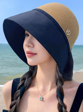 2026新款防晒草帽女夏海边沙滩太阳帽遮脸渔夫帽大帽檐草编遮阳帽