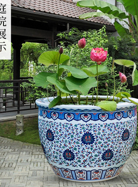 景德镇手绘缠枝莲乌龟缸落地摆件