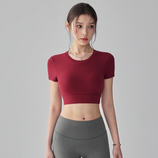 宋站性感露背瑜伽服带胸垫运动上衣女速干普拉提健身紧身短袖T恤