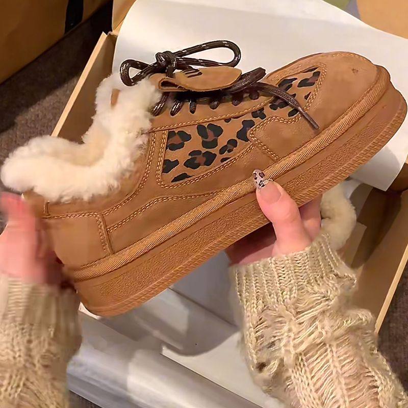 厚底翻盖豹纹保暖德训鞋女冬季新款圆头加绒休闲板鞋百搭毛毛棉鞋,淘宝优惠券,粉丝福利购,淘宝优惠卷