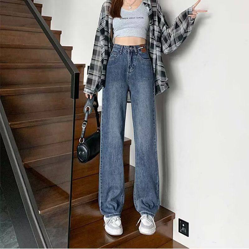 复古蓝阔腿牛仔裤女秋冬韩版百搭高腰显瘦显高梨形身材直筒拖地裤,淘宝优惠券,粉丝福利购,淘宝优惠卷
