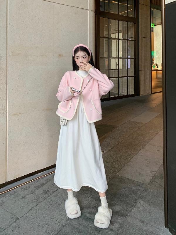 kumikumi甜美风套装粉色毛呢外套女装秋季半高领长袖连衣裙两件套-图3