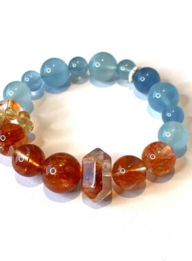 芬达色红胶花八棱珠圆珠海蓝宝金发晶跑环925银隔片手串8-13mm