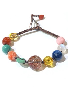 安伯曼绿松石平安扣金珀南瓜珠蓝晶石红玛瑙粉澳宝多宝抽拉手链