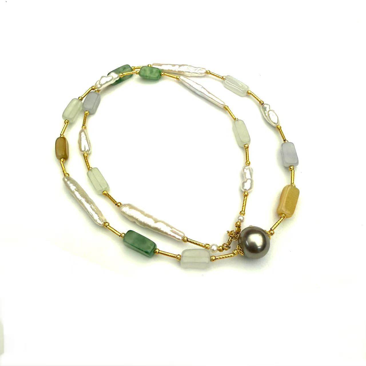 大溪地黑珍珠18K金长条巴洛克长条珍珠翡翠多宝桶珠满天星项链,淘宝优惠券,粉丝福利购,淘宝优惠卷