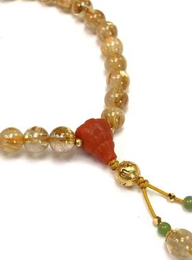 安伯曼南红三通18K金六字箴言球金发晶手串