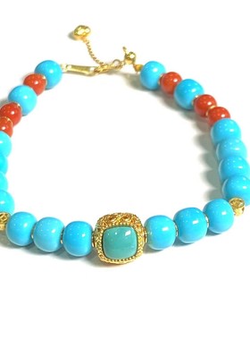 18K金方形绿松镶金铜钱全玉化原矿湖北绿松老形珠南红抽拉手链6mm